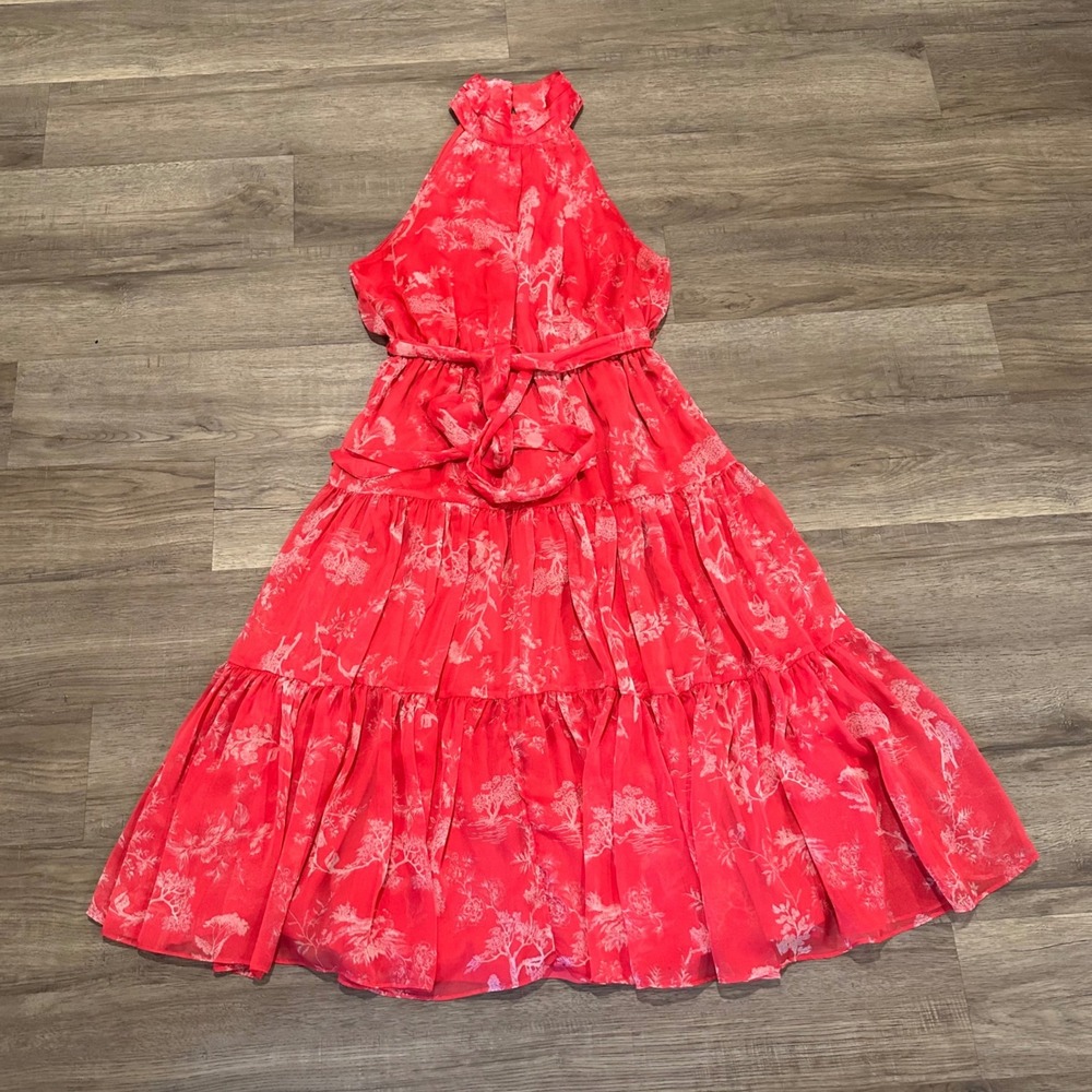 Lulus Float To You Red Pink Floral Toile Halter Tiered Midi Dress Medium M Boho